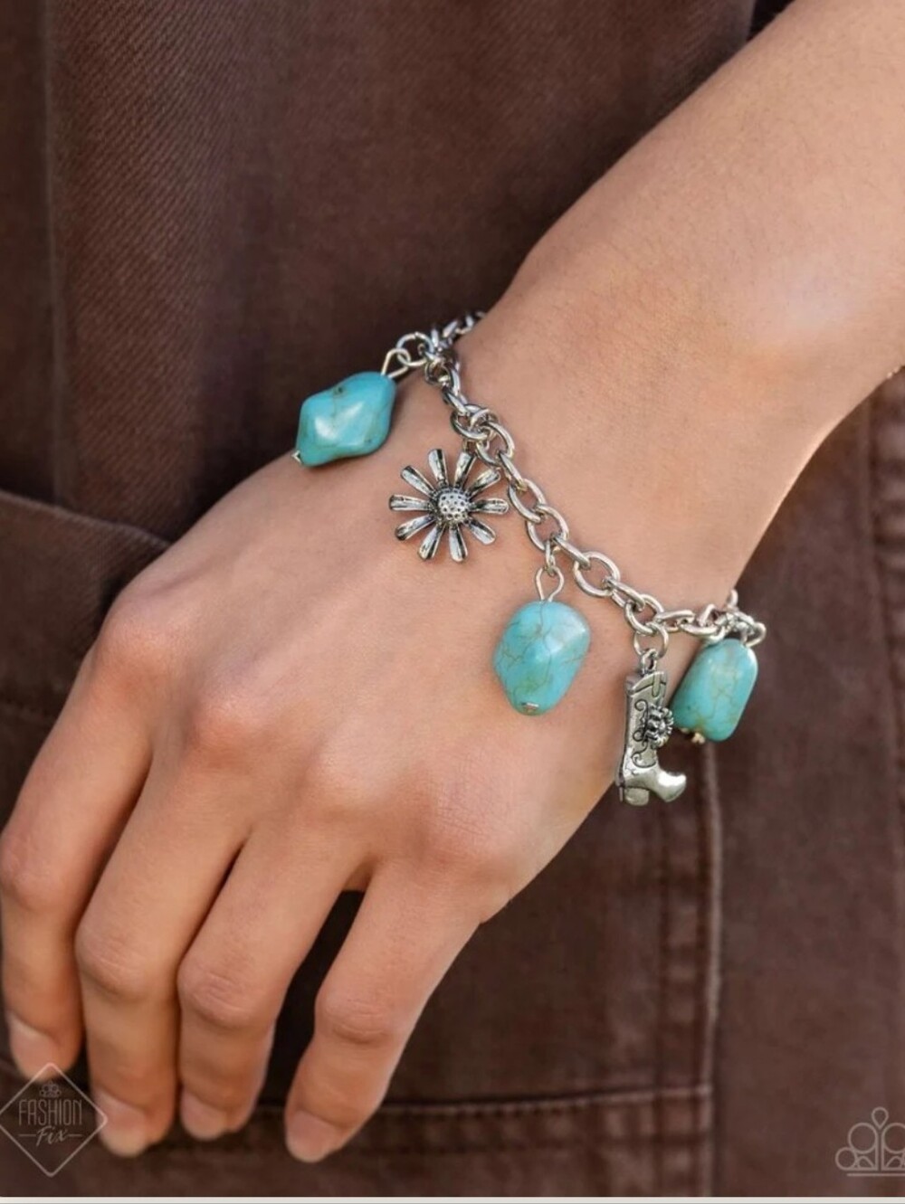 Badlands Beau Blue Turquoise Charm Bracelet with Floral & Boot Charms